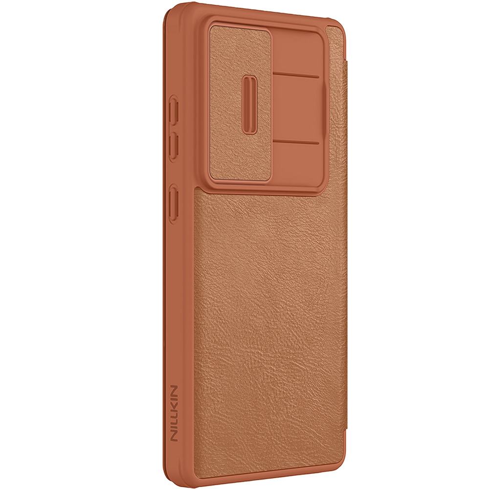 Etui z klapką i ochroną aparatu Nillkin Qin Pro do Galaxy S25 Ultra, brązowe